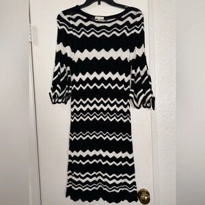 SHOSHANNA KNIT DRESS BLACK AND WHITE STRIPED MIDI CHEVRON STRIPES bell sleeves